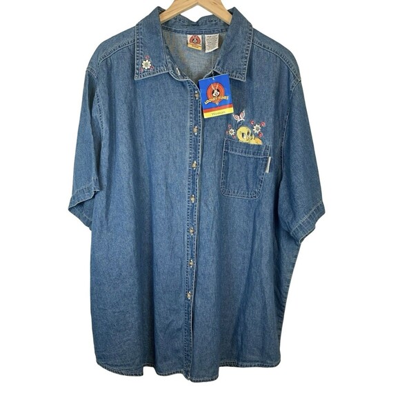 Warner Bro Looney-Tunes 1998 Chambray Embroidered Denim Button Up Shirt 26W/28W - Picture 1 of 9